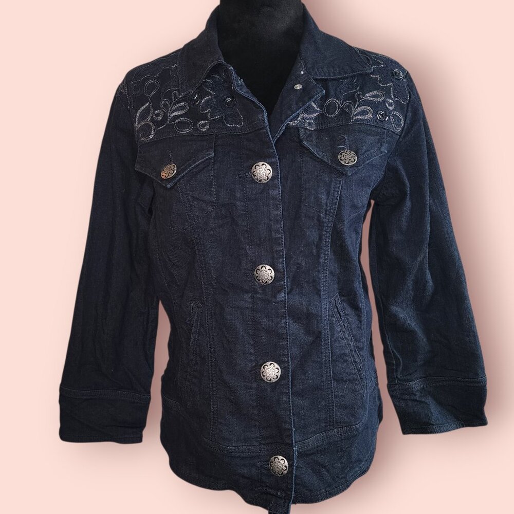 Chico's Platinum Dark Wash Denim Jacket embroidered beaded boho country western